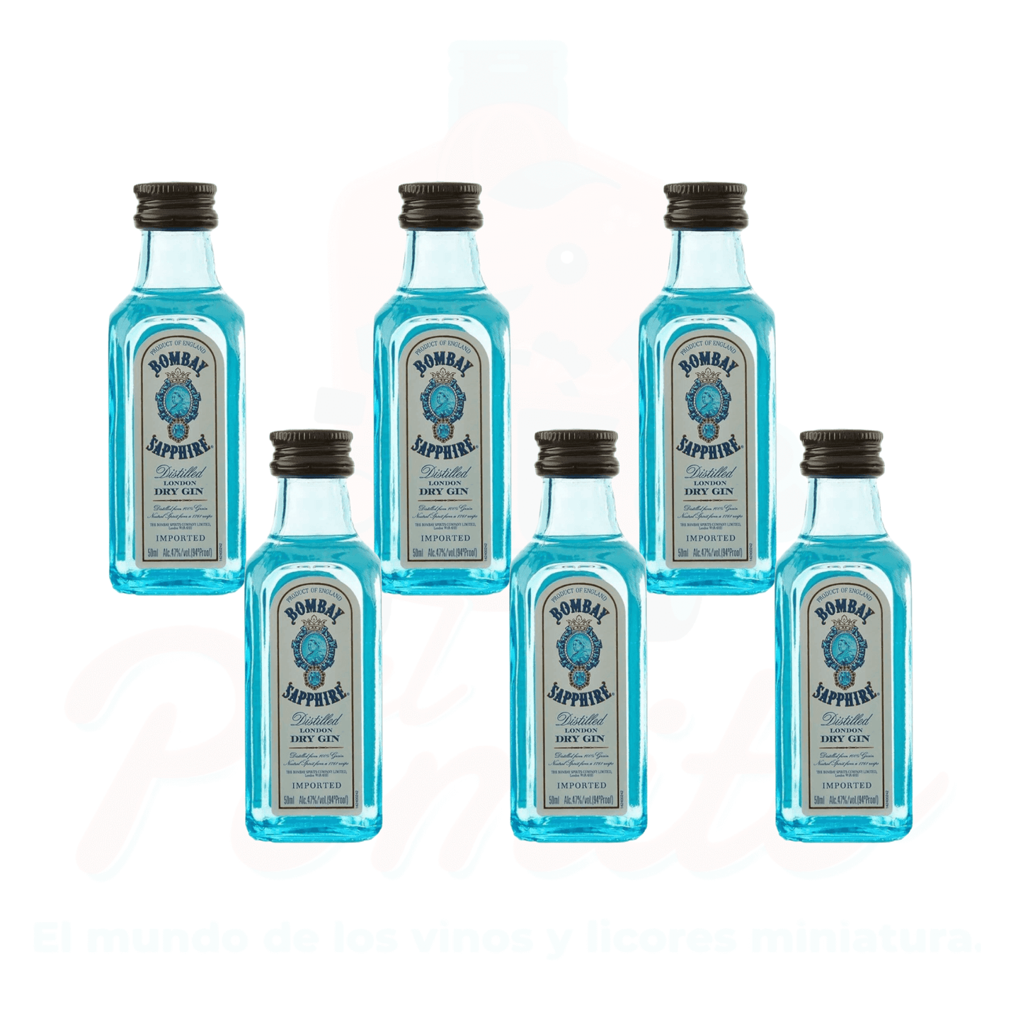 (6 Piezas) Mini Ginebra Bombay Sapphire 50 ml.