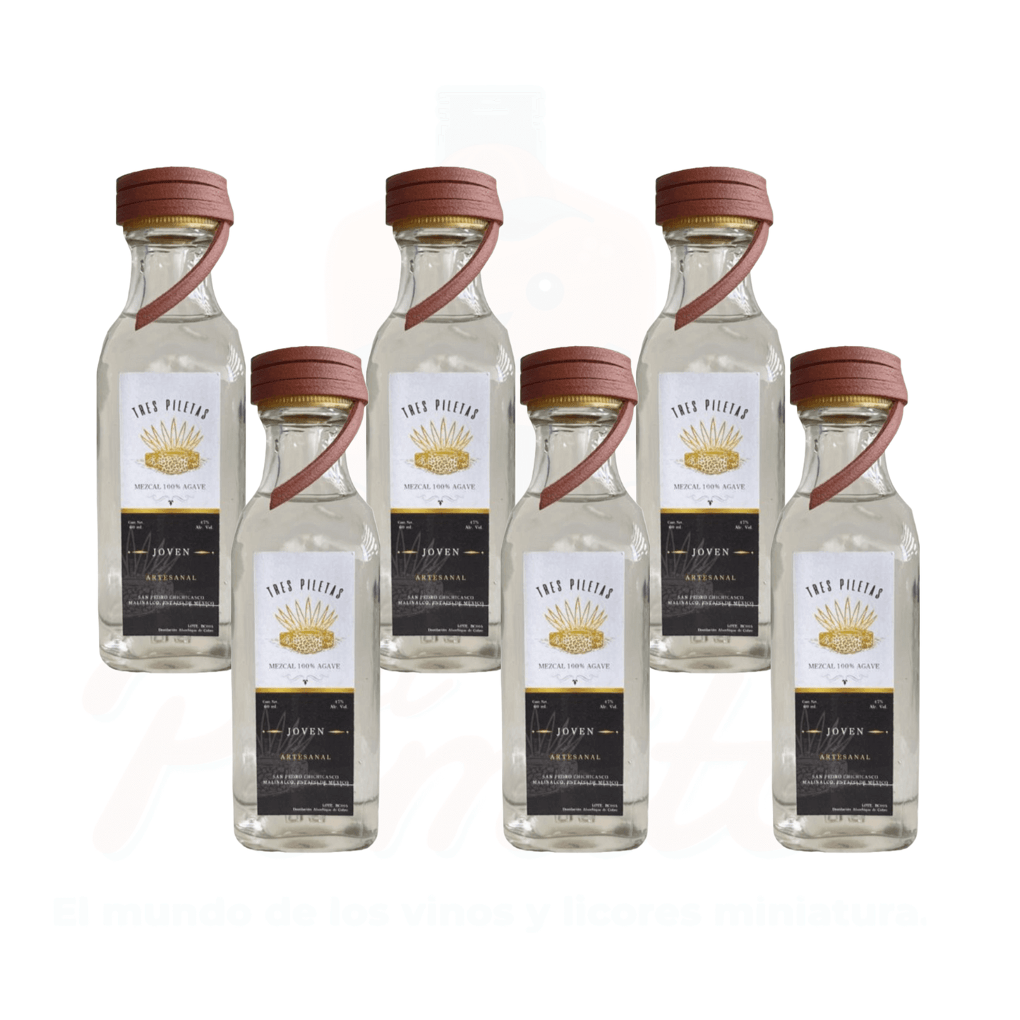(6 Piezas) Mini Mezcal Artesanal Tres Piletas Joven 60 ml.