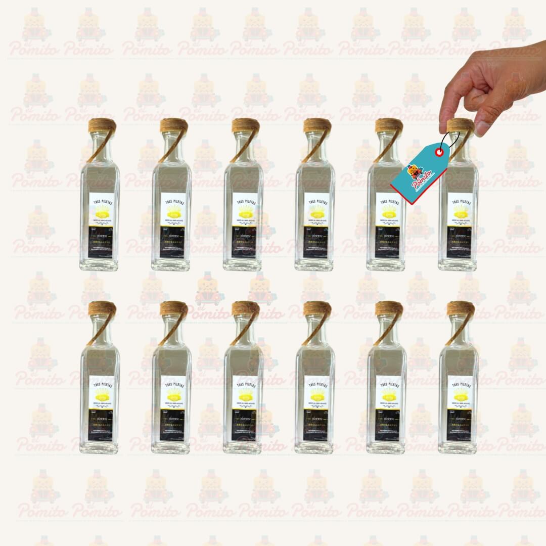 (12 Piezas) Mini Mezcal Artesanal Tres Piletas Joven 60 ml.